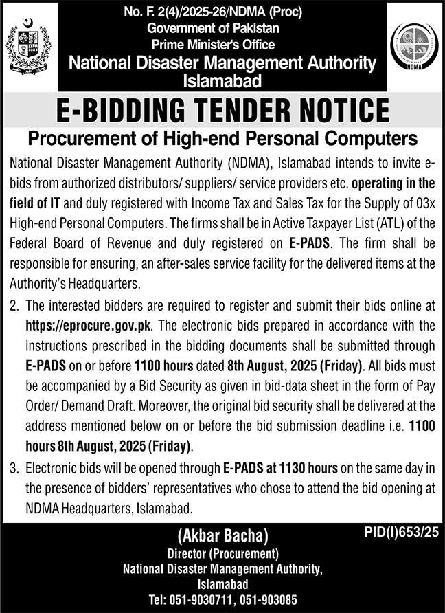 National Disaster Management Authority Islamabad Tender Notice